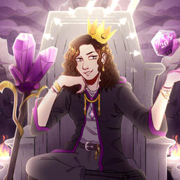 A tarot card with Muu sitting on a throne with a staff and a D20 in the style of the Emperor card. Art by clawsie!